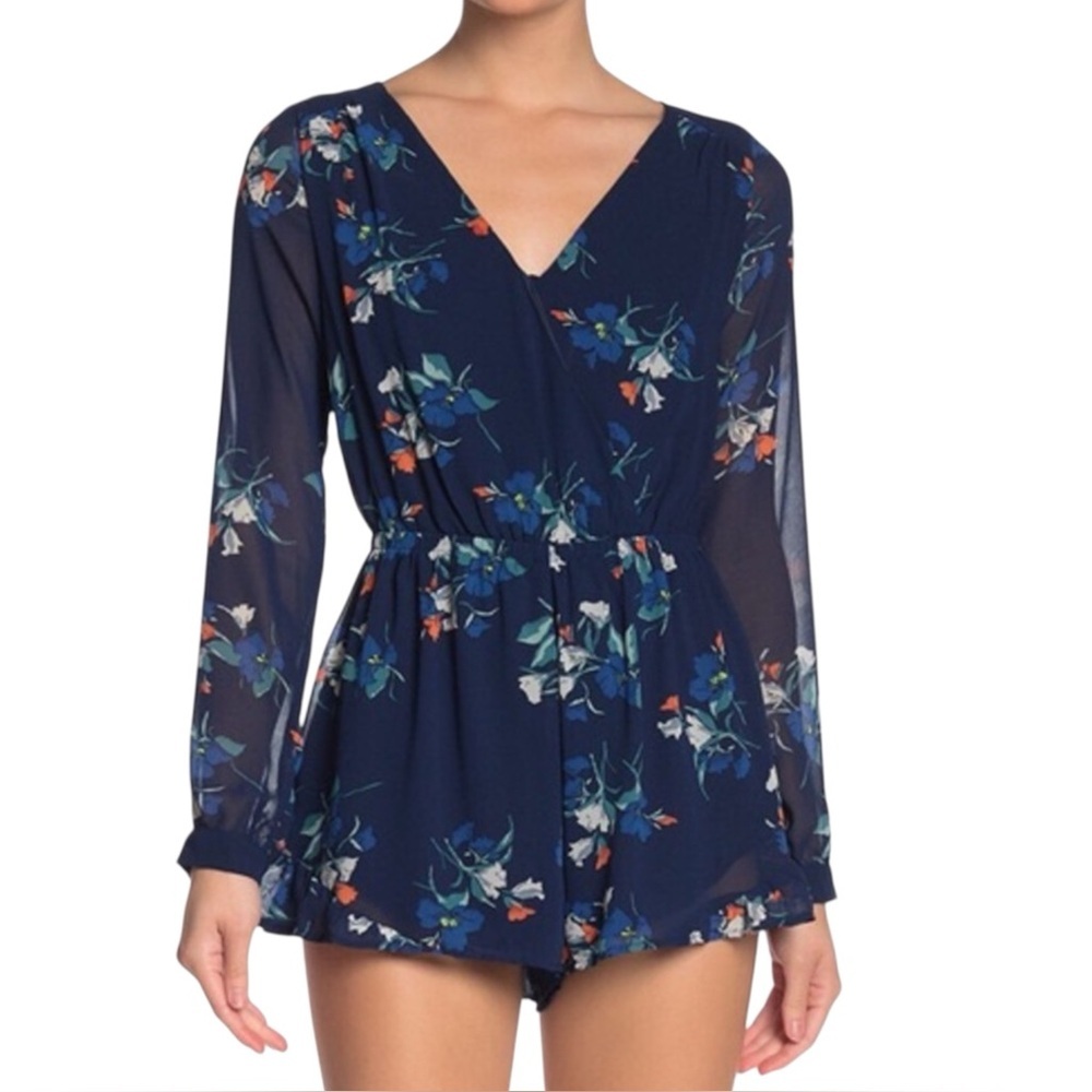 ASTR the Label Floral Chiffon Romper Navy Blue Long Sleeve Boho Festival S